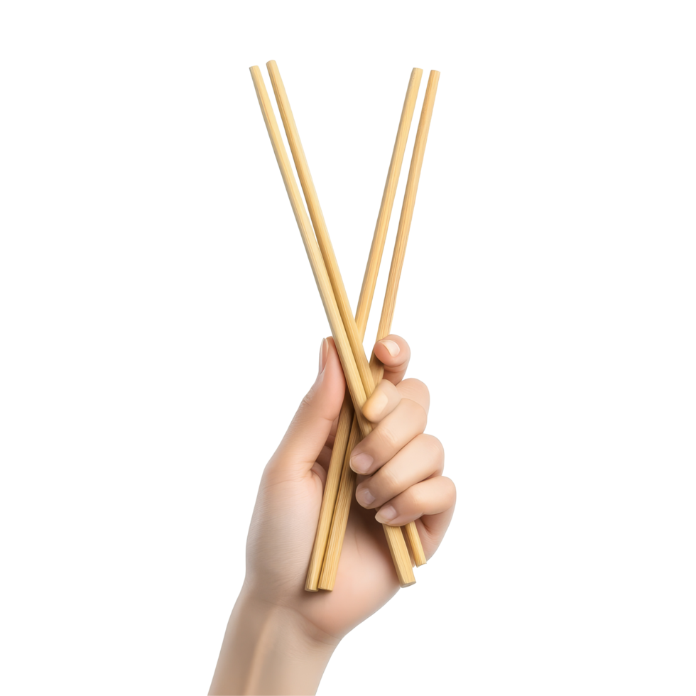 A hand skillfully holding wooden chopsticks ready for enjoying a delicious meal at a dining table, Hand holding wooden chopsticks, Chinese food sticks isolated on transparent background png