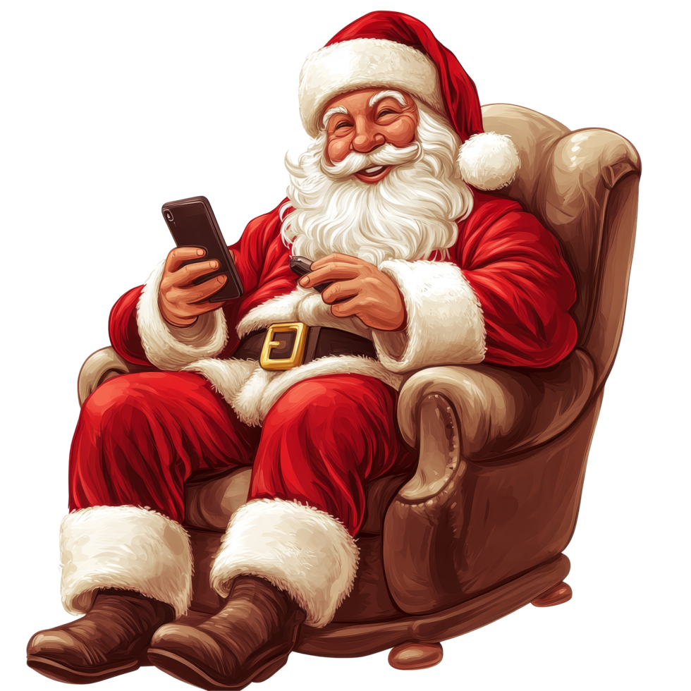 Santa Claus relaxing in a cozy chair, engaging in cheerful conversation on his smartphone during the festive season, file no background Santa Claus sitting and chatting with his phone png