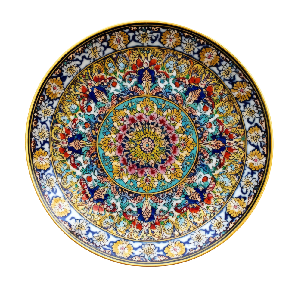 Beautiful Benjarong plate crafted in Thailand showcasing intricate floral patterns and colors, Benjarong plate is a traditional art in Thailand on transparent background png
