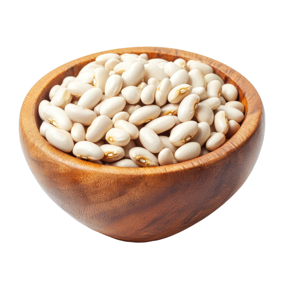 A rustic wooden bowl filled with fresh transparent beans on a clean transparent background, transparent beans in wood bowl isolated on transparent background png
