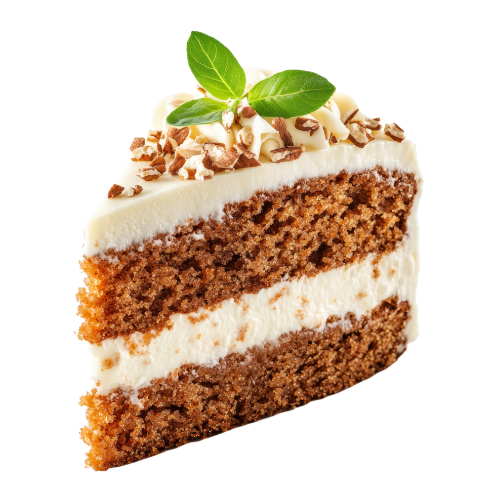 Indulge in an isolated slice of moist carrot cake topped with creamy cheese frosting and garnished with mint leaves, Isolated slice of carrot cake with cheese cream png