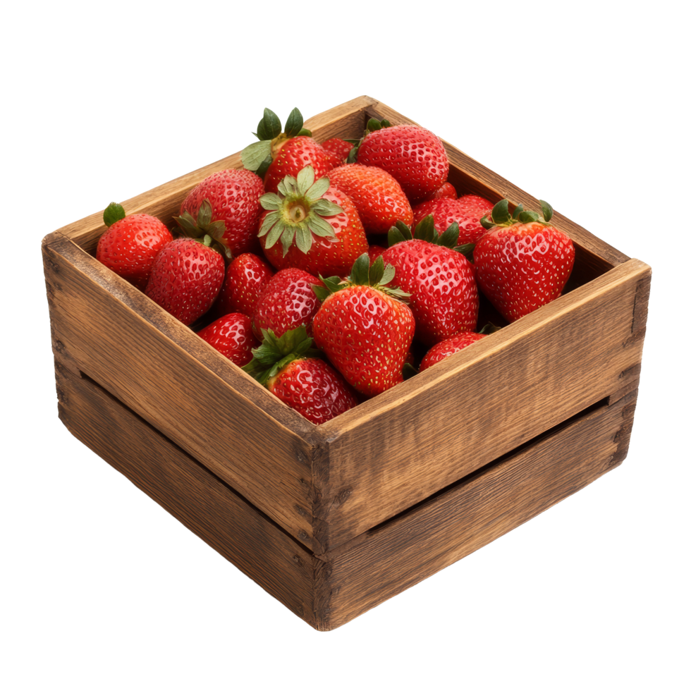 Fresh strawberries arranged in a rustic wooden box isolated on a transparent background for culinary use, wooden box of strawberriesisolated on transparent background png