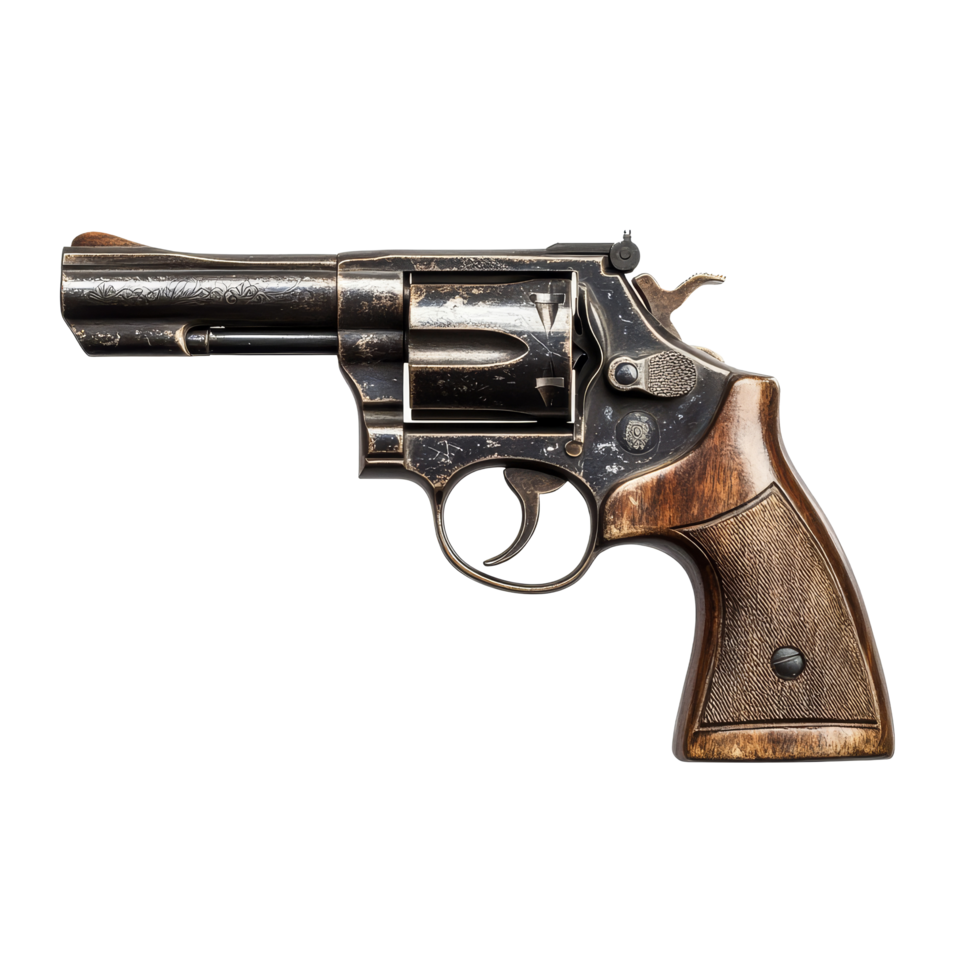 Classic revolver gun isolated on a pristine transparent background with realistic detailing and craftsmanship, Revolver gun isolated on transparent background png