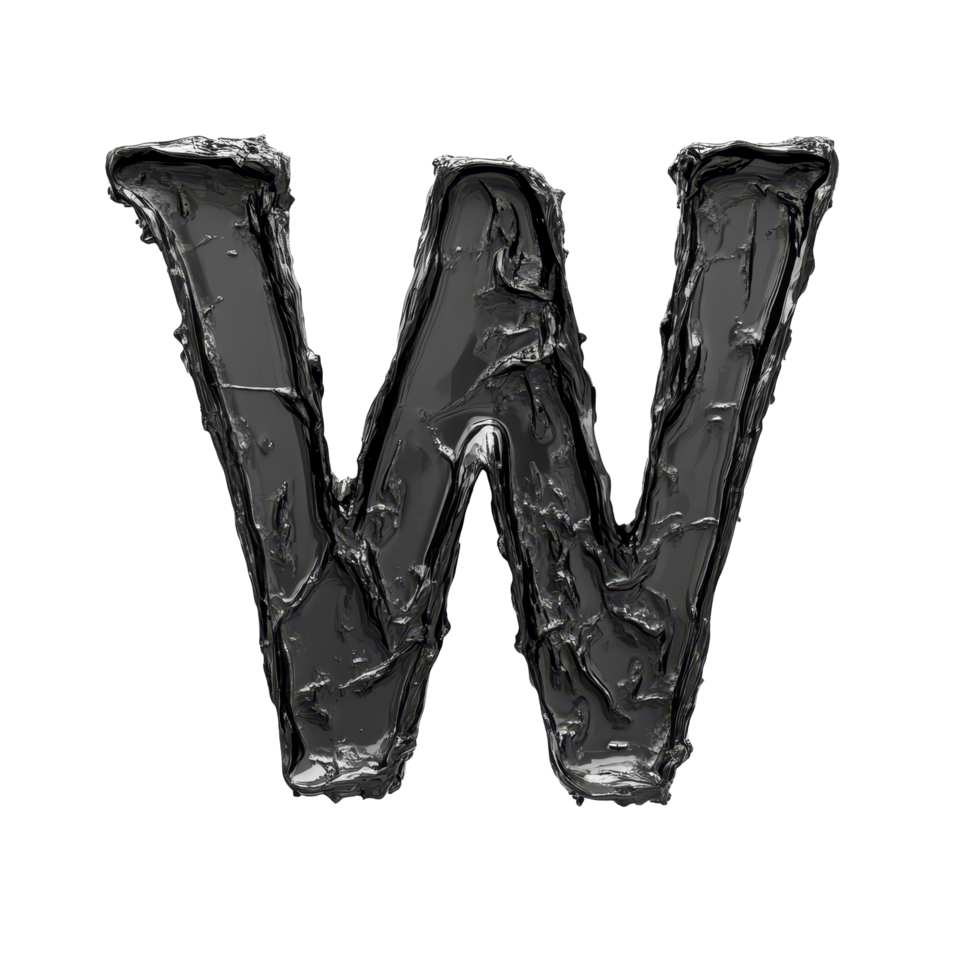 The letter w formed with dark material showcased on a pristine transparent surface, emphasizing texture and contrast in design, consonant letter a is used to make words on transparent backgroundfile png