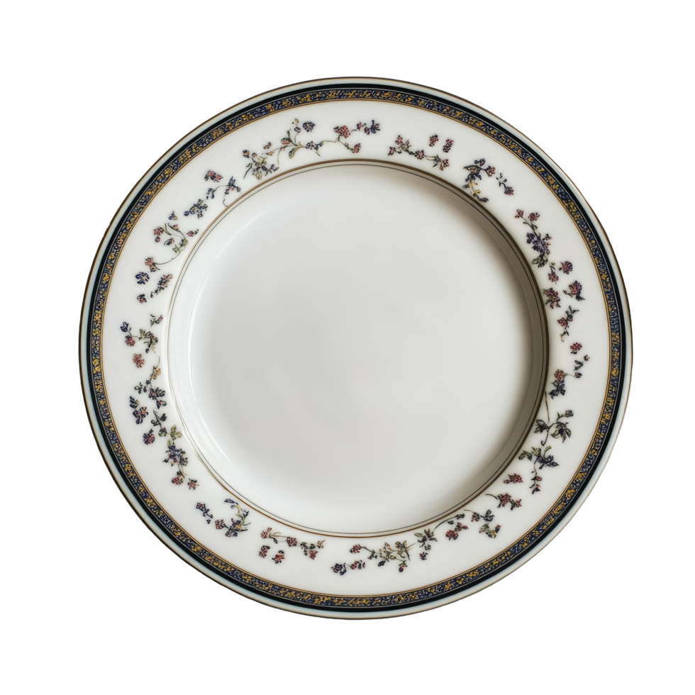 Elegant porcelain plate adorned with floral design placed on a soft transparent tablecloth for a refined dining experience, plate on tablecloth on transparent backgroundfile png