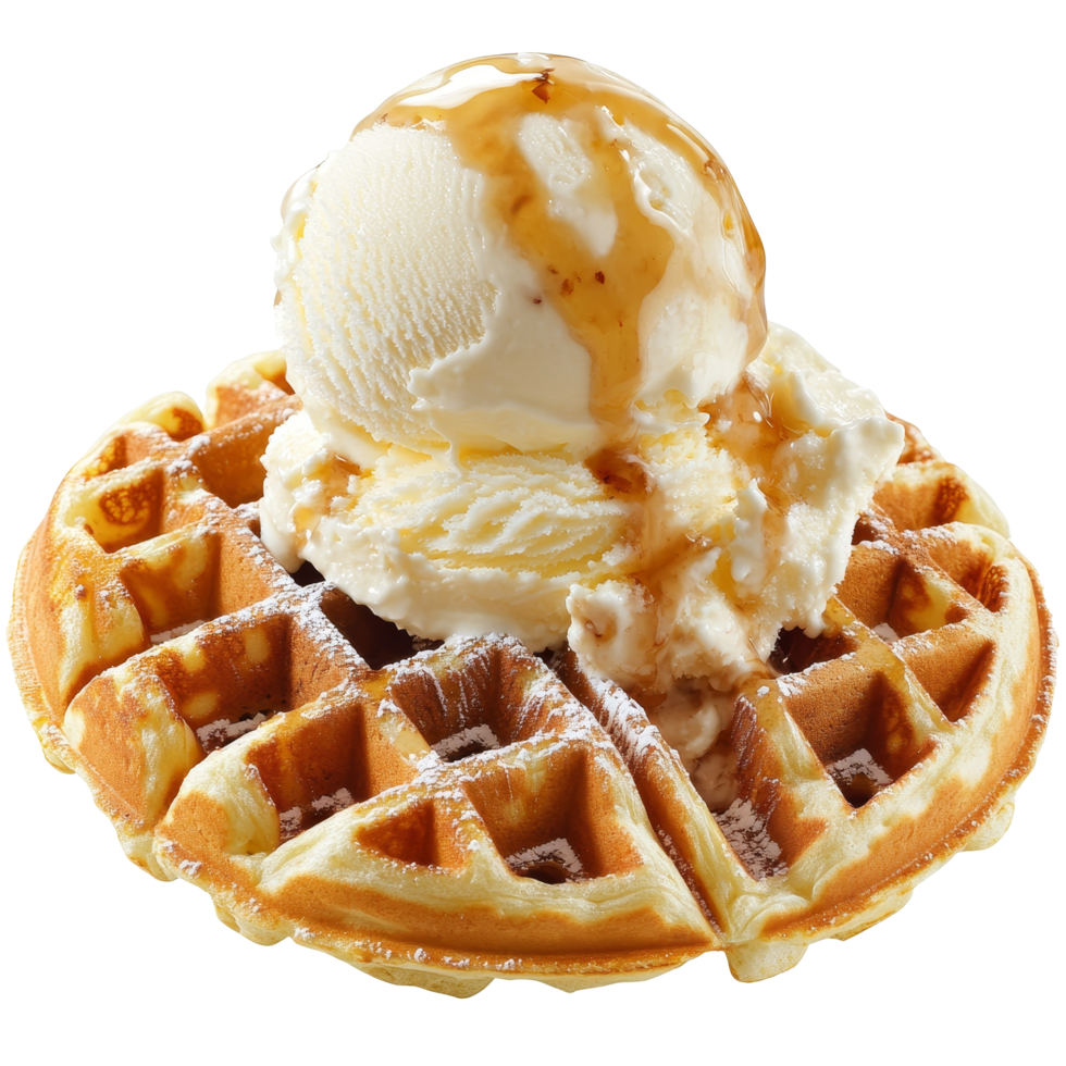 Delicious waffles topped with creamy ice cream and a drizzle of syrup for a sweet afternoon treat, portion of waffles with ice cream png