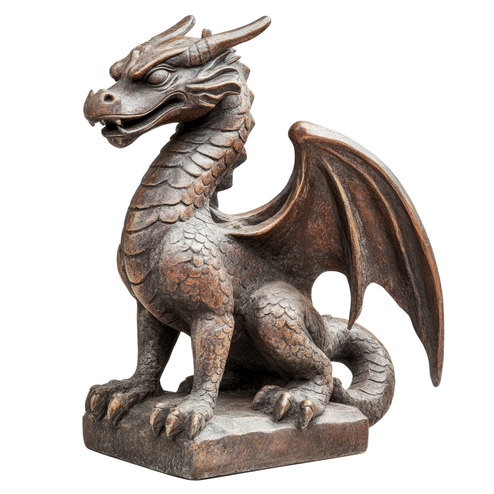 Antique dragon statue showcasing intricate details on a transparent background for decorative display, Antique Dragon Statue Isolated on transparent background png