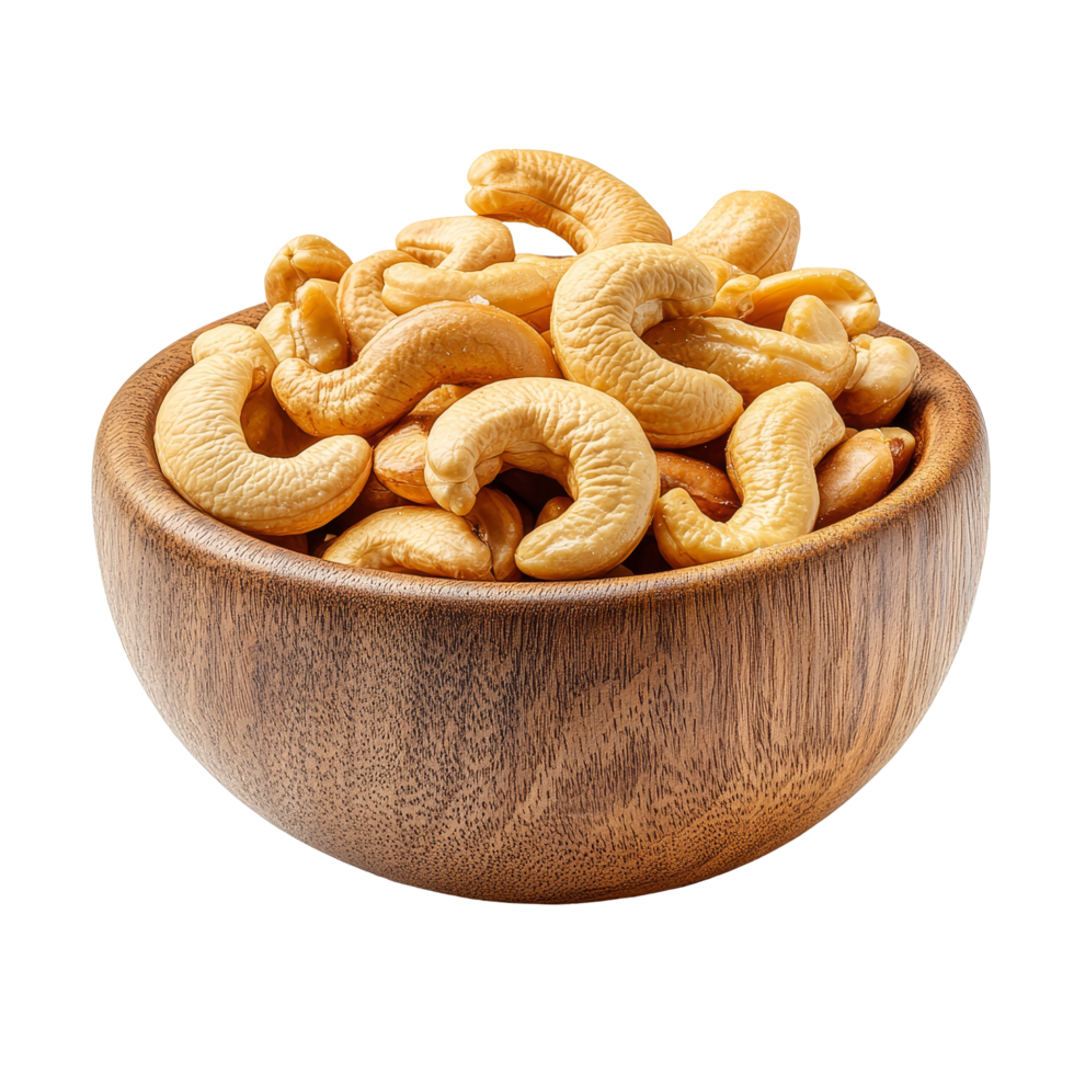 Delicious roasted salted cashew nuts served in a rustic wooden bowl for a healthy snack option, Roasted cashew nuts with salted in wood bowl isolated on transparent background png