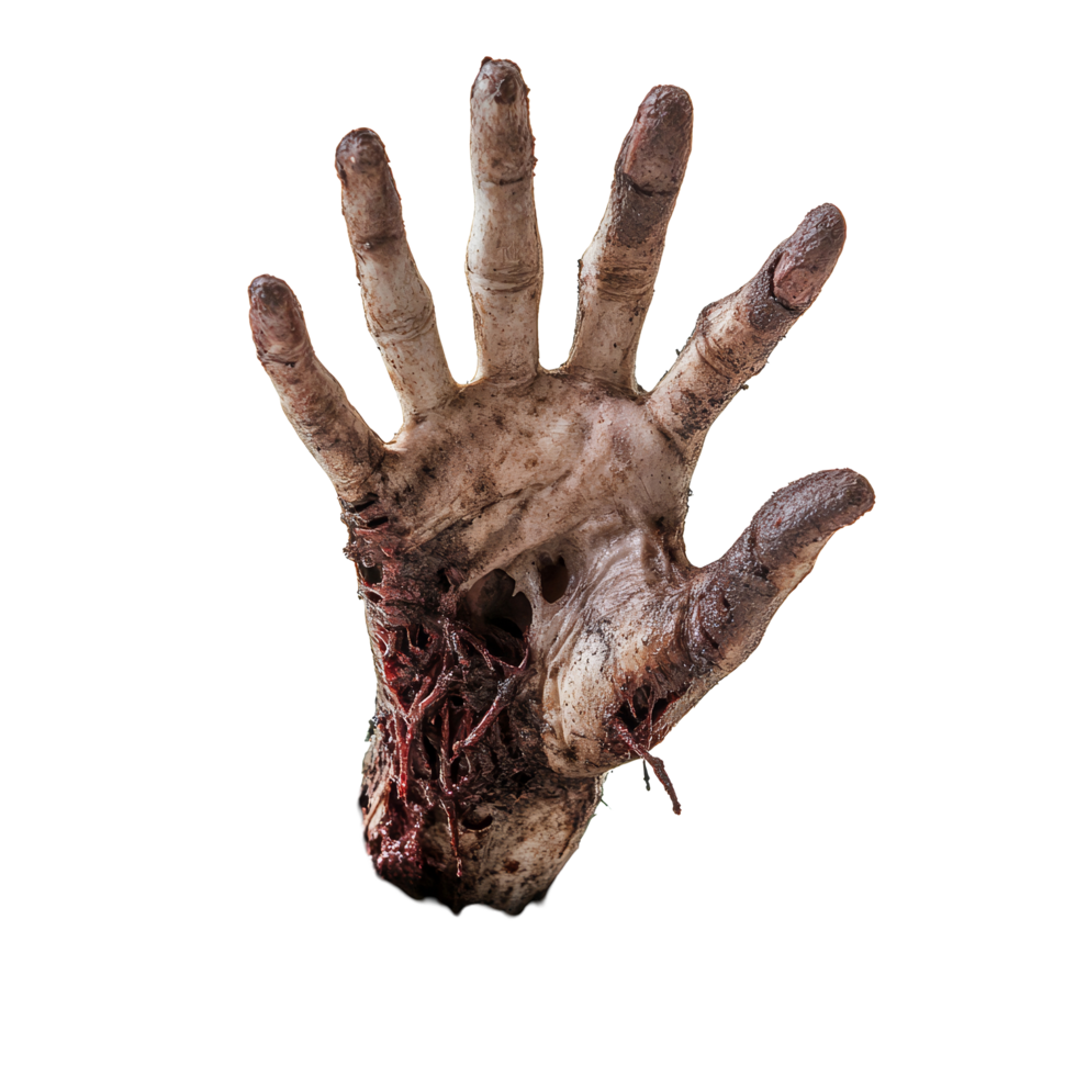 A chilling zombie hand rises from the earth amidst desolation in a haunting horror setting near Halloween, Zombie Hand Emerging from Ground, Horror Scene, Halloween, transparent background png
