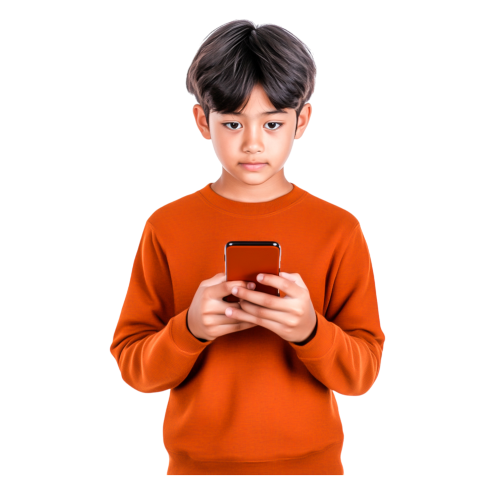Young Boy in Orange Sweater Engaged with Smartphone Screen png