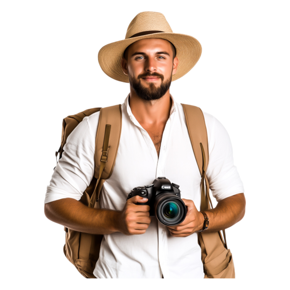 Young male photographer in casual attire holding camera outdoors png
