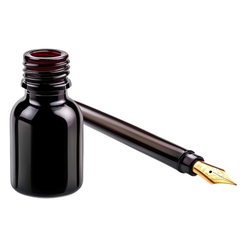 Black Ink Bottle and Fountain Pen on Isolated Background png