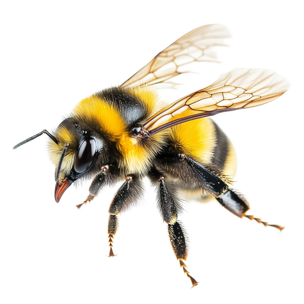 A stunning macro shot of a bumblebee in flight against a transparent background, a stunning bumblebee flying macro shot isolated on transparent background png