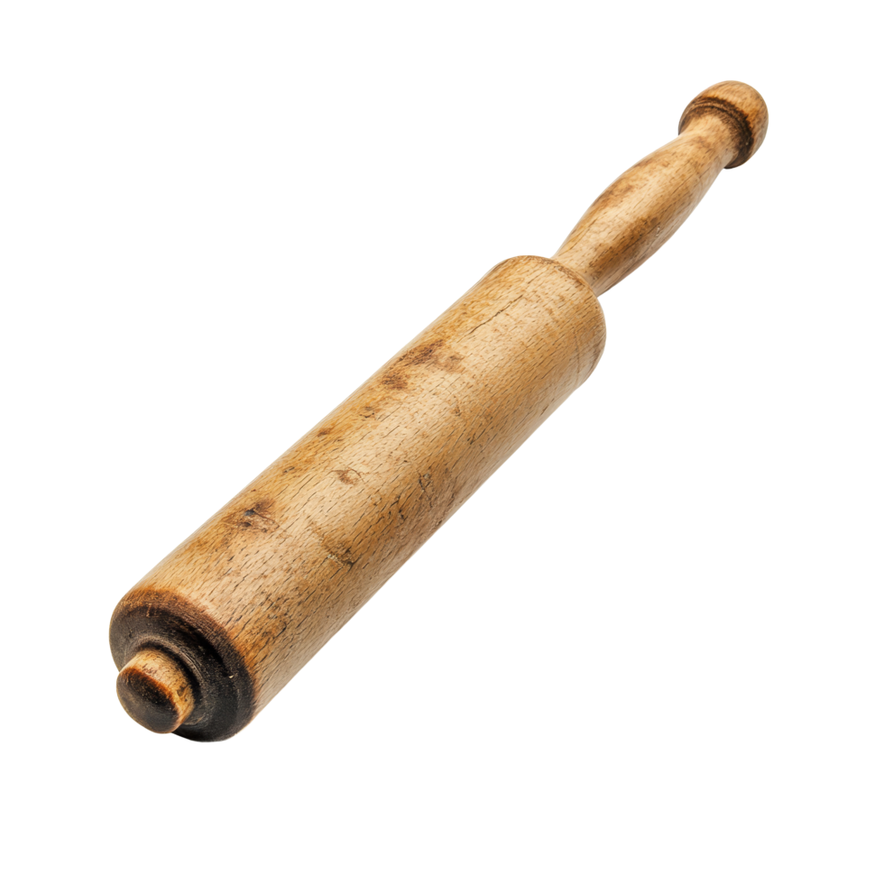 Classic wooden rolling pin on a plain transparent background, ideal for baking, cooking, and pastry preparation at home, Wooden rolling pin isolated on transparent background png