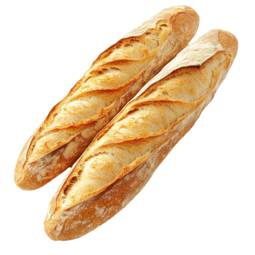 Delicious and fresh French baguette perfectly shaped and isolated against a clean transparent background, Delicious French Baguette Isolated on transparent background png
