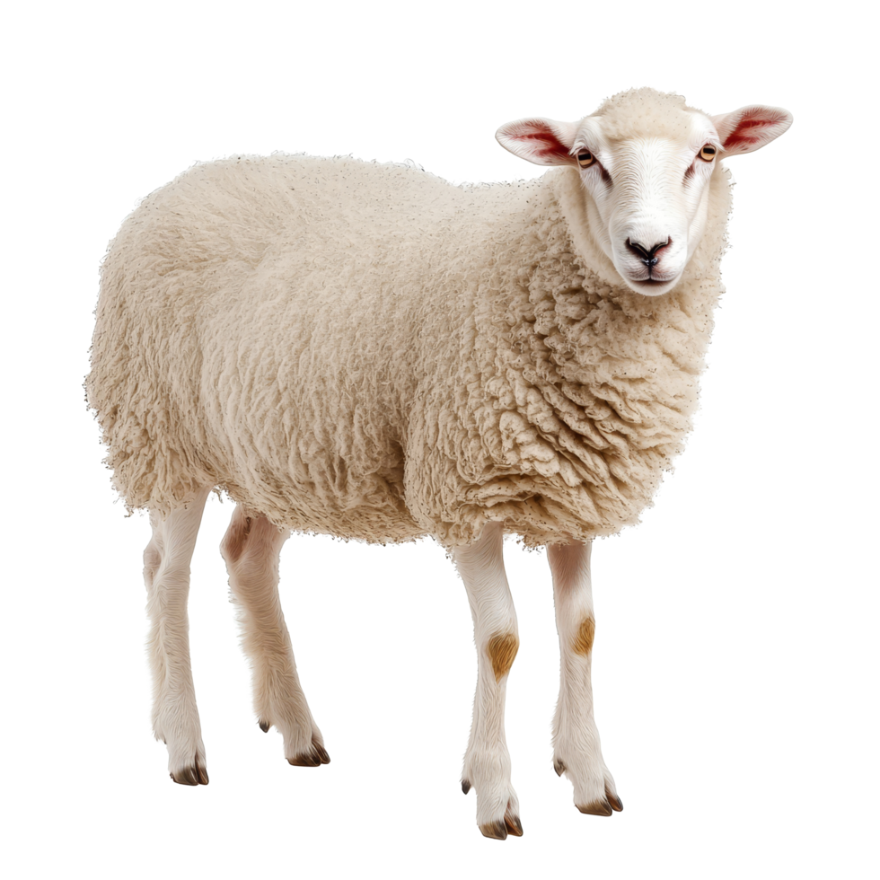 A woolly sheep stands on a transparent background, showcasing its soft fleece and curious look, Sheep on isolated transparent background png
