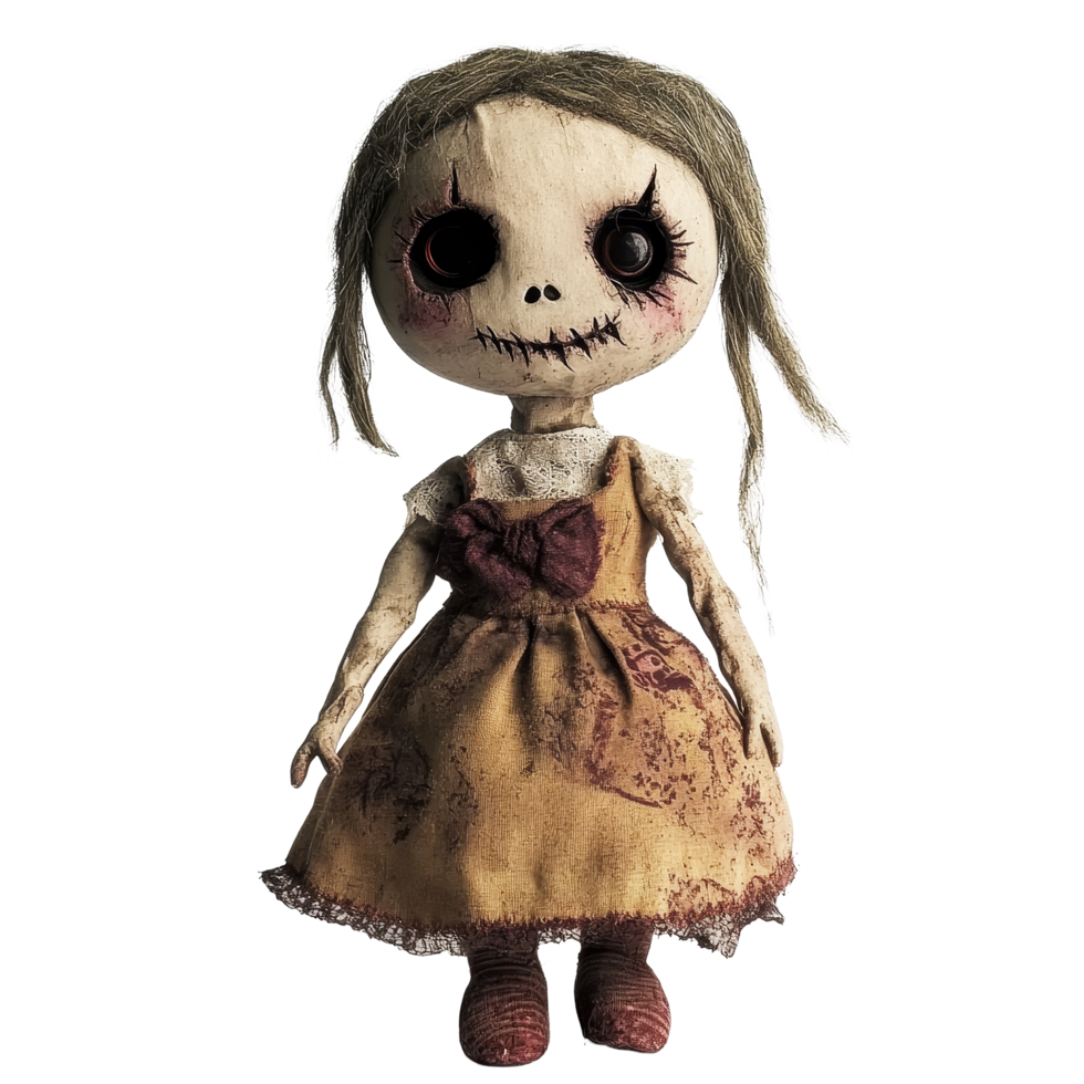Creepy doll horror character with haunting features on a transparent backdrop for Halloween festivities, Creepy Doll Halloween Horror Character On transparent background png