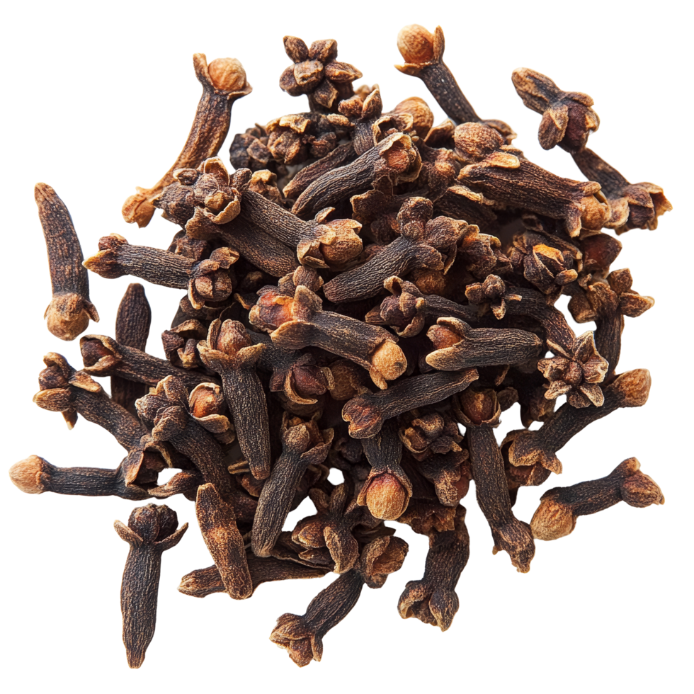 A pile of dry cloves resting on a clean transparent background, showcasing their rich color and unique shape, Dry cloves on transparent background png