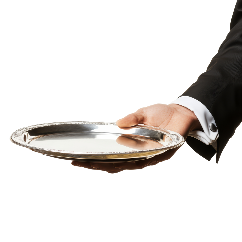 A butler presenting a polished silver tray against a transparent background showcasing elegance and service, butlers hand with silver tray isolated on transparent background png