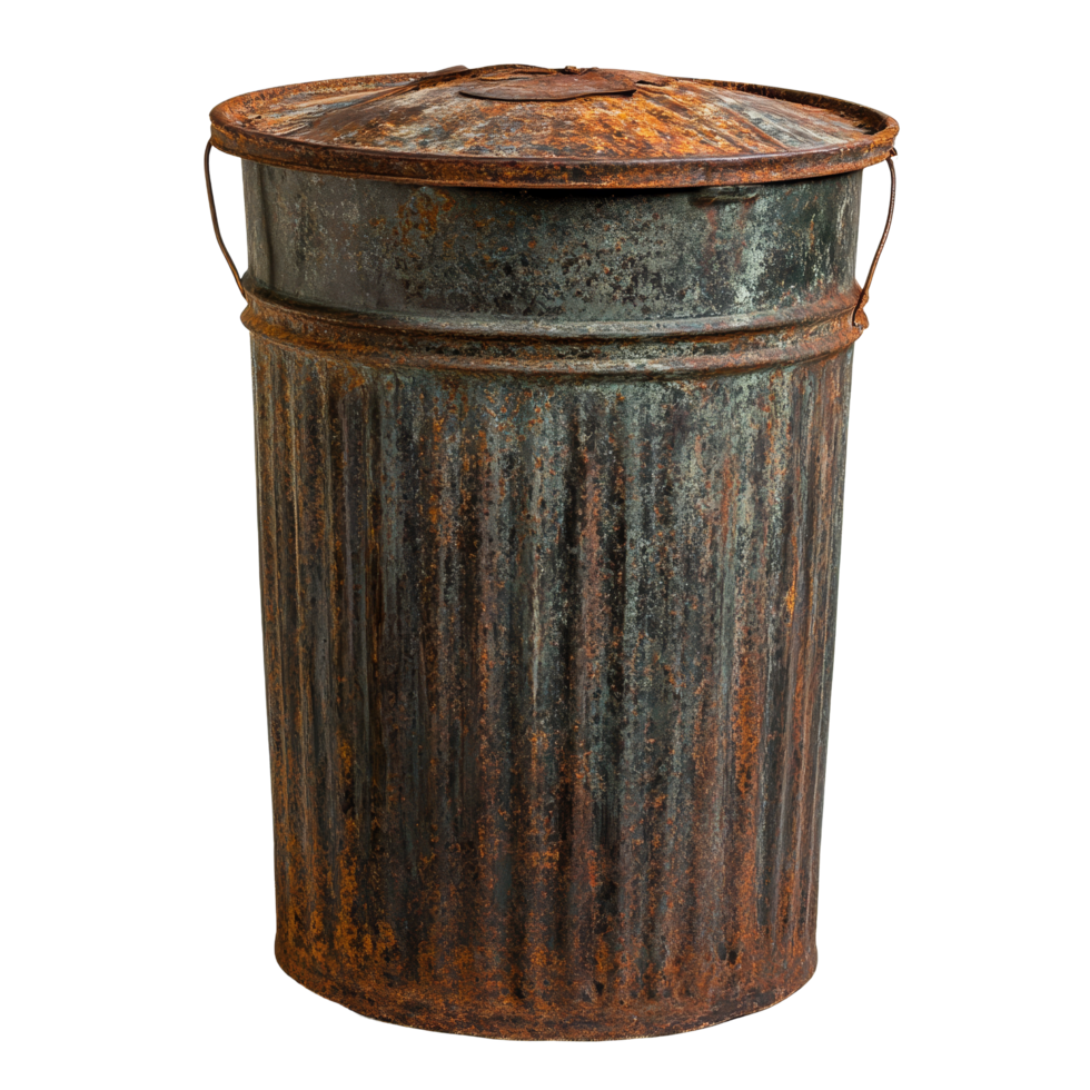 An old rusty metal trash can isolated on a transparent background, highlighting its weathered features and texture, old rusty metal trash can isolated on transparent background png