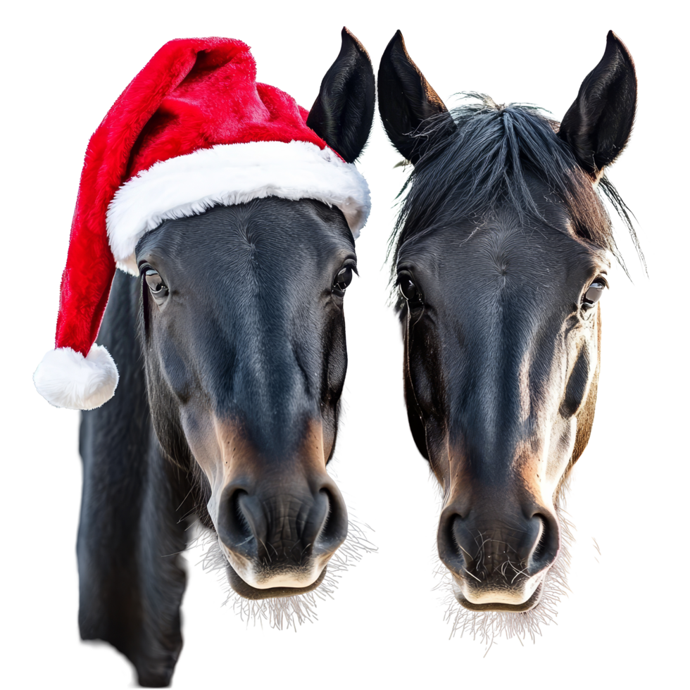 Two black horses celebrate Christmas wearing festive hats against a bright background, Black Horses wearing a christmas hat on transparent background png
