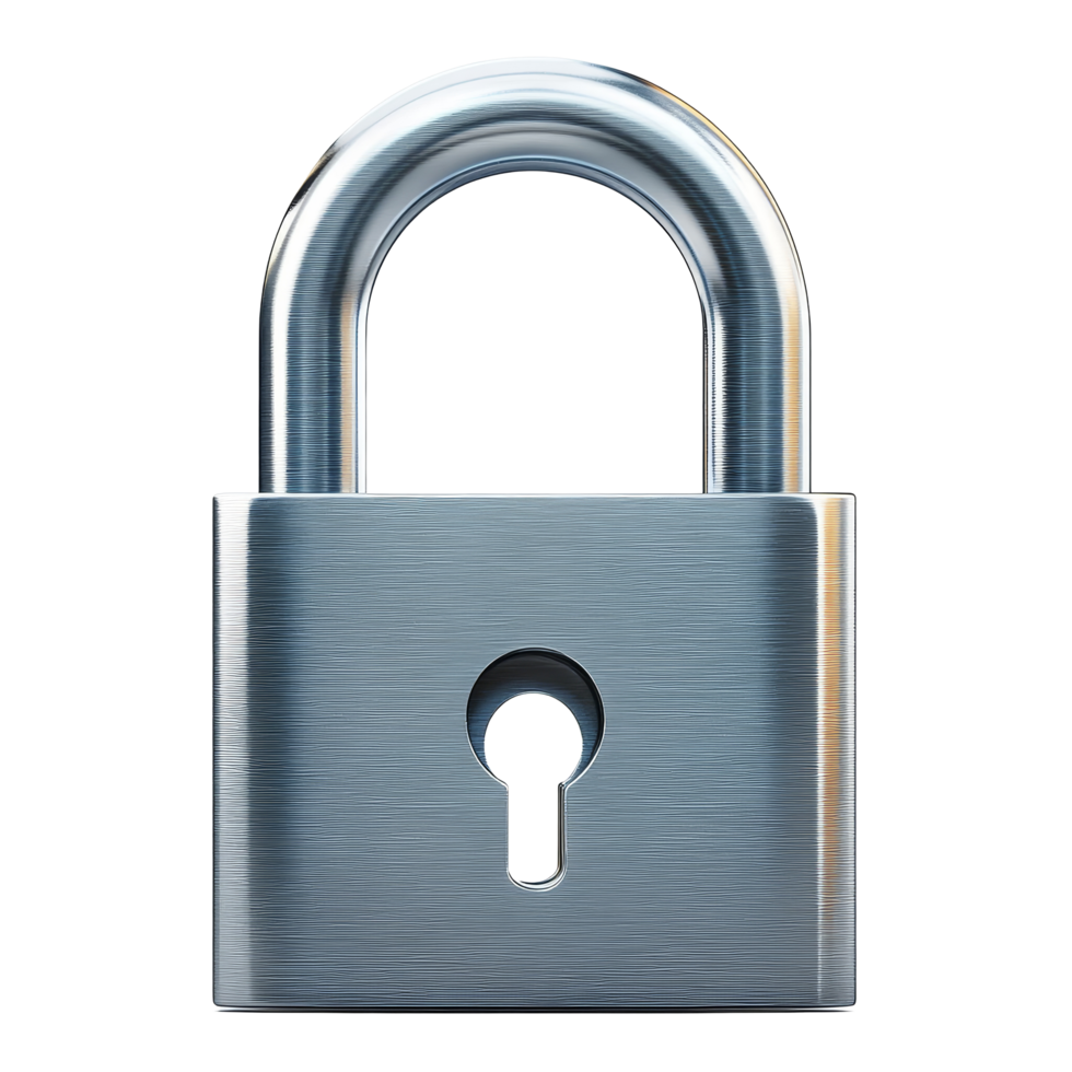 A metallic padlock with a hole visible from the front, showcasing sleek design and robust security features, metallic padlock with hole front view isolated on transparent background png