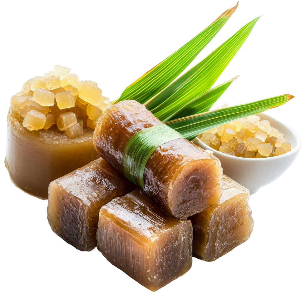 Hard molasses and jaggery blocks with sugarcane leaves on a transparent background, Sugarcane Hard Molasses or Jaggery on transparent background png