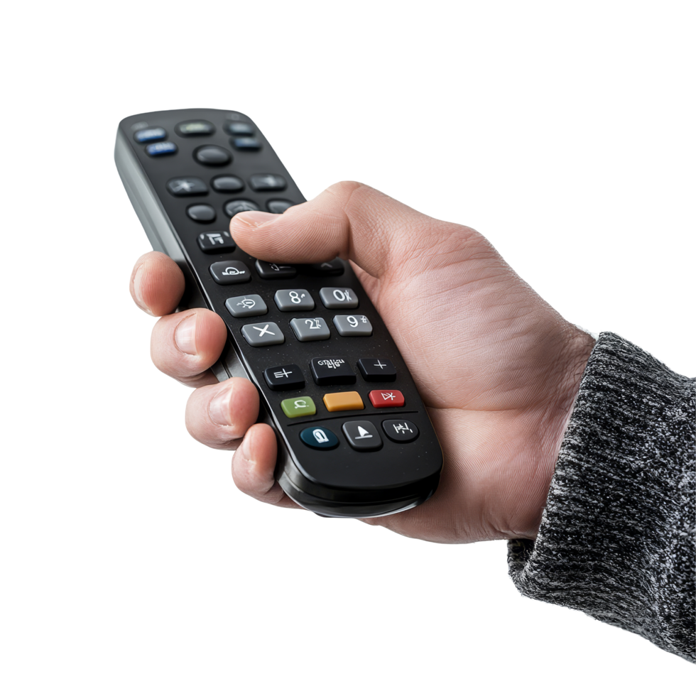 Man holding a remote control in hand against a plain transparent background, A man holding remote control on transparent backgroundfile png