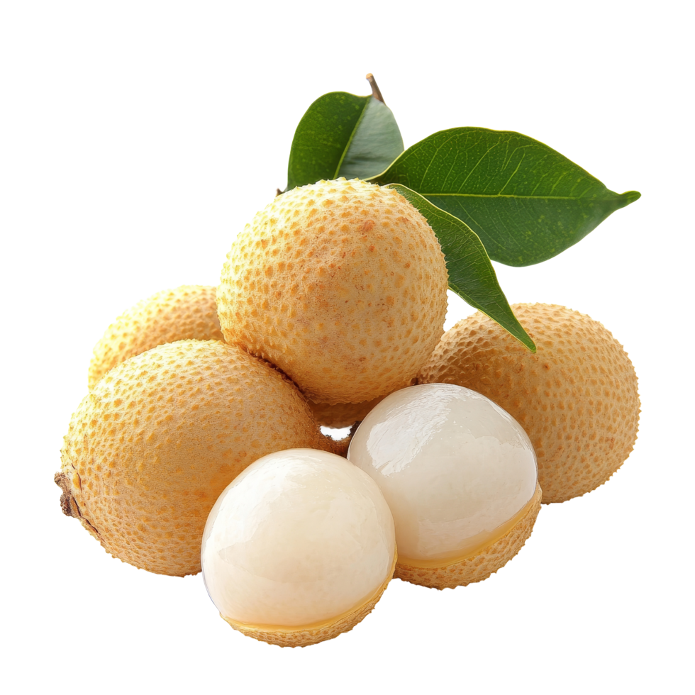 Fresh longan fruit showcasing its sweet, juicy flesh against a clean transparent background, longan sweet fruit on transparent background png