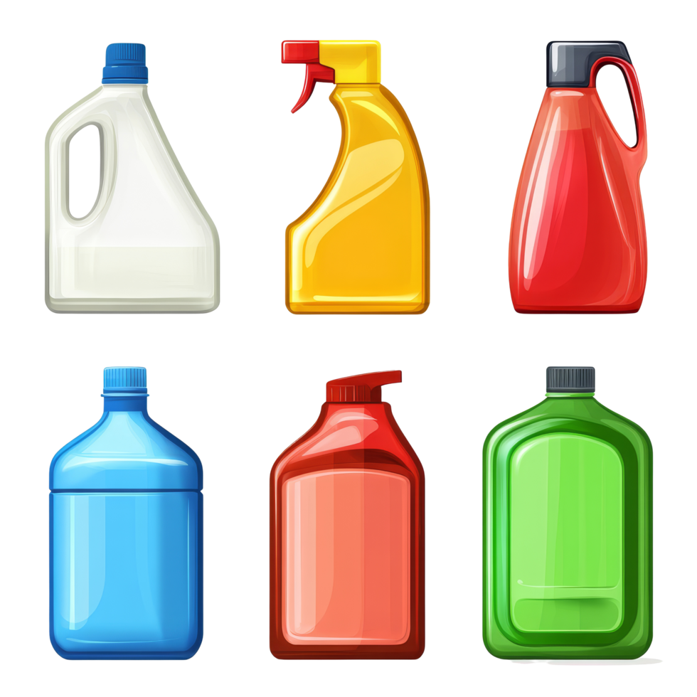 Collection of colorful liquid clean containers arranged against a transparent background, liquid clean container on transparent background png