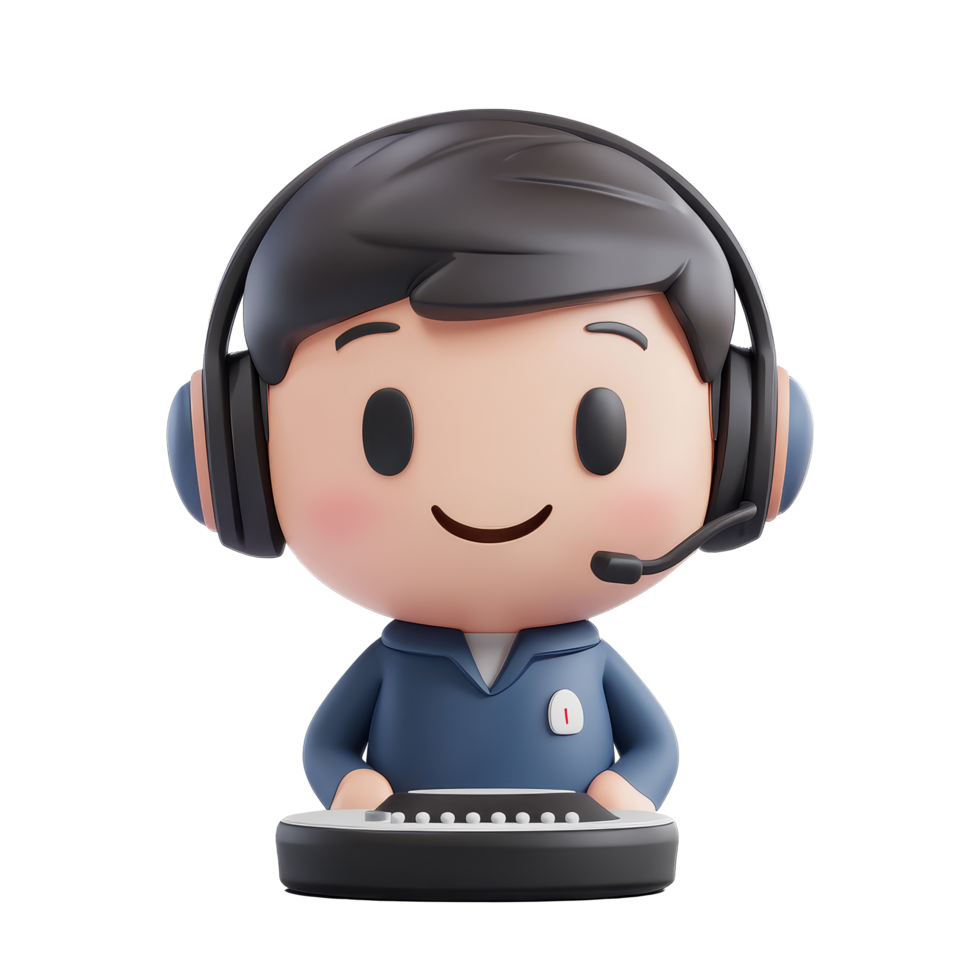 Character handling a call in a call center, wearing a headset and working at a computer desk, 3D Character Handling Call in Call Centre On transparent background png