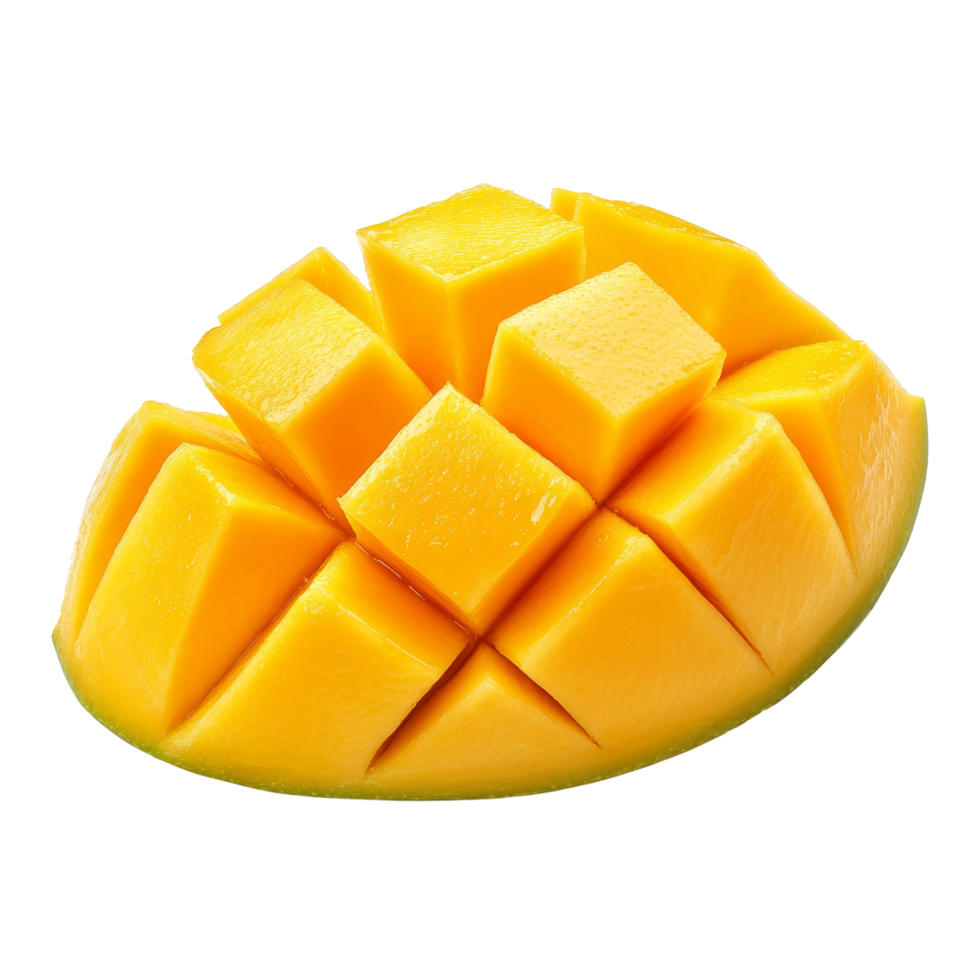 Ripe mango slice cut into cubes, showcasing bright yellow fruit against a clean transparent background, ripe mango slice isolated on transparent background png