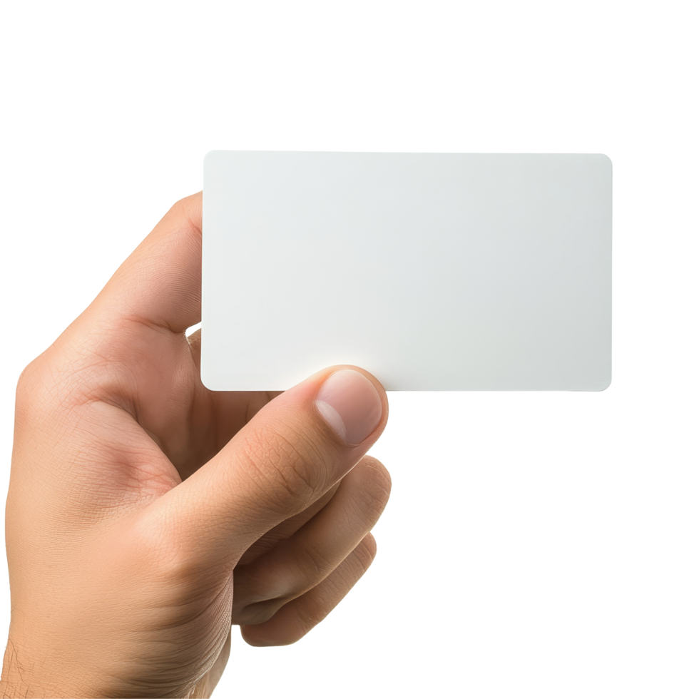 A hand presents a blank business name card against a clean transparent background, hand holding blank business name card on transparent backgroundfile png