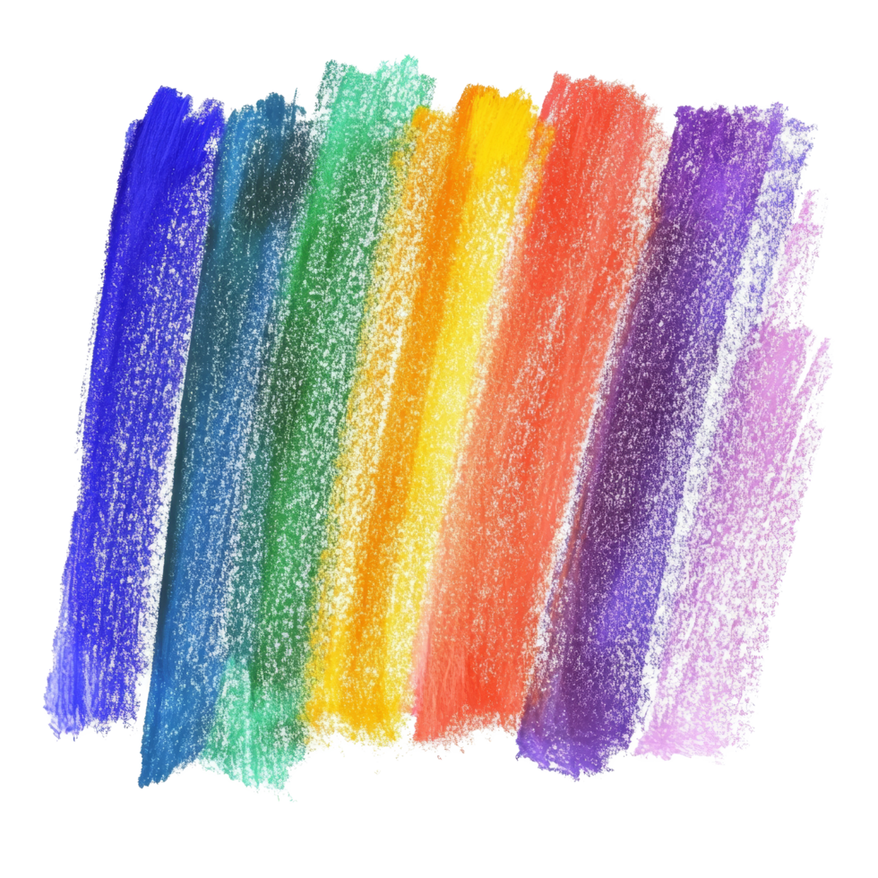 Vibrant rainbow colored wax pastel scribbles creating an abstract art piece on a blank background, rainbow colored drawn colorful scribble wax pastel isolated on transparent background png