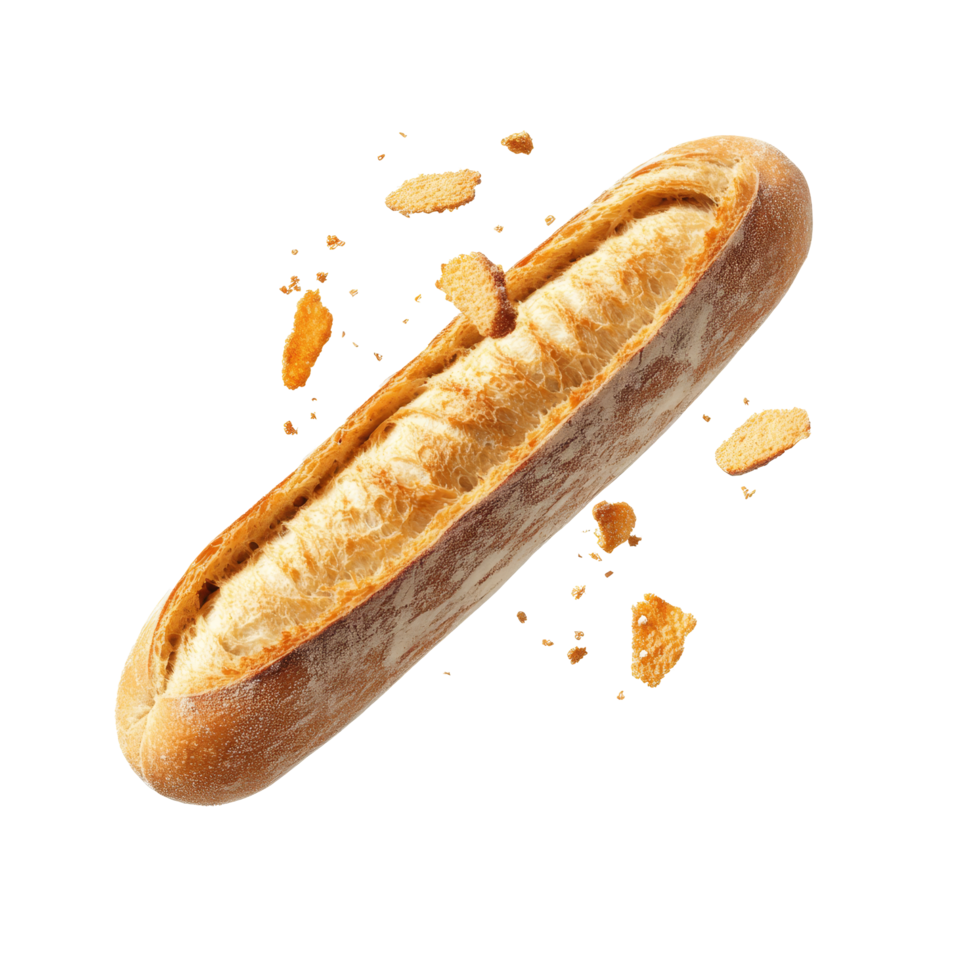 Freshly baked baguette with crisp crumbs floating in midair, showcasing texture and craftsmanship, Fresh Baguette with Crisp Crumbs Floating isolated on transparent background png