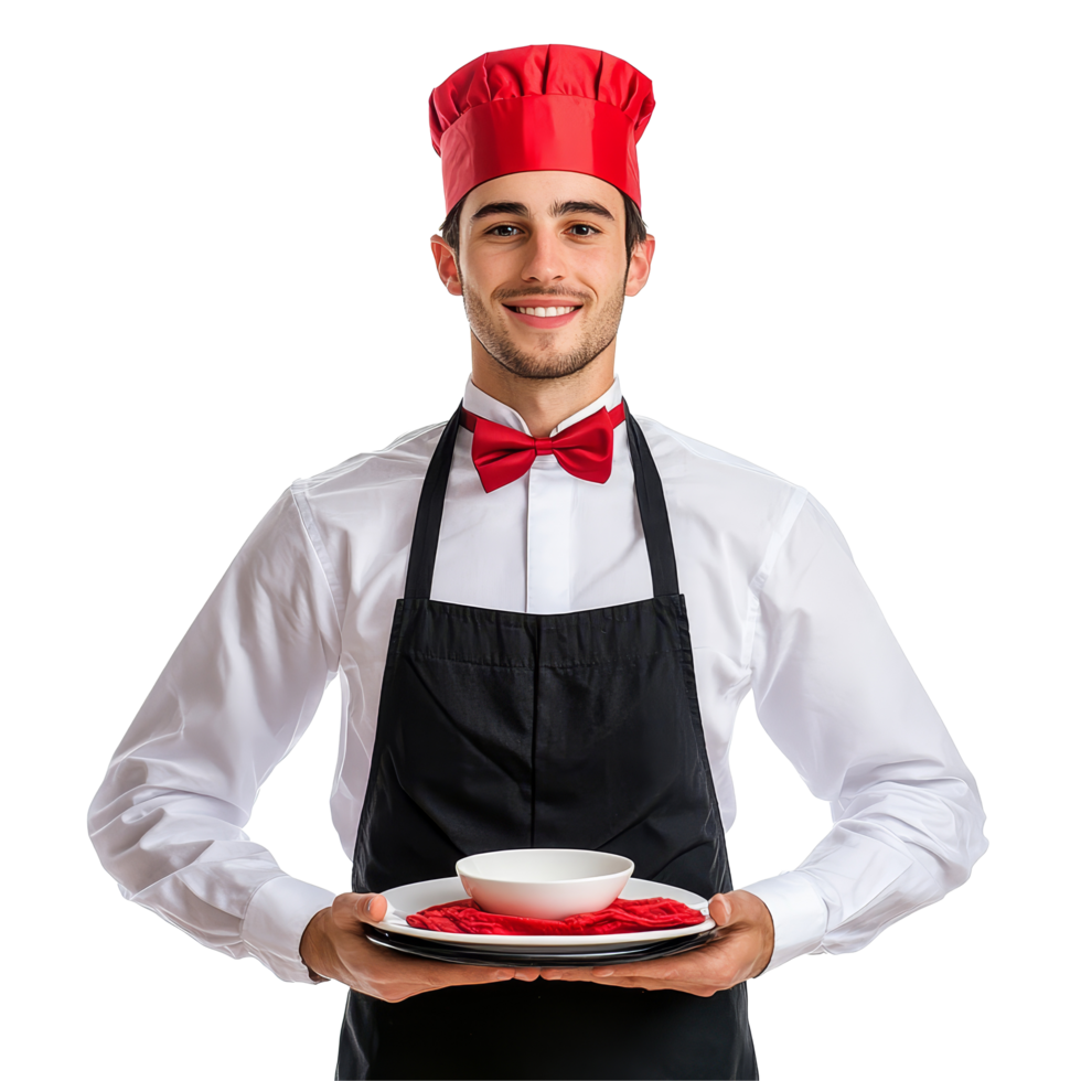 Festive waiter in a red hat and bowtie ready to serve a meal on a transparent background during a celebration, Festive Waiter Ready to Serve On transparent background png
