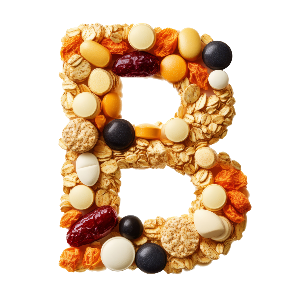 Colorful arrangement of vitamins B made with various foods on a clean transparent background, vitamins b on transparent background png