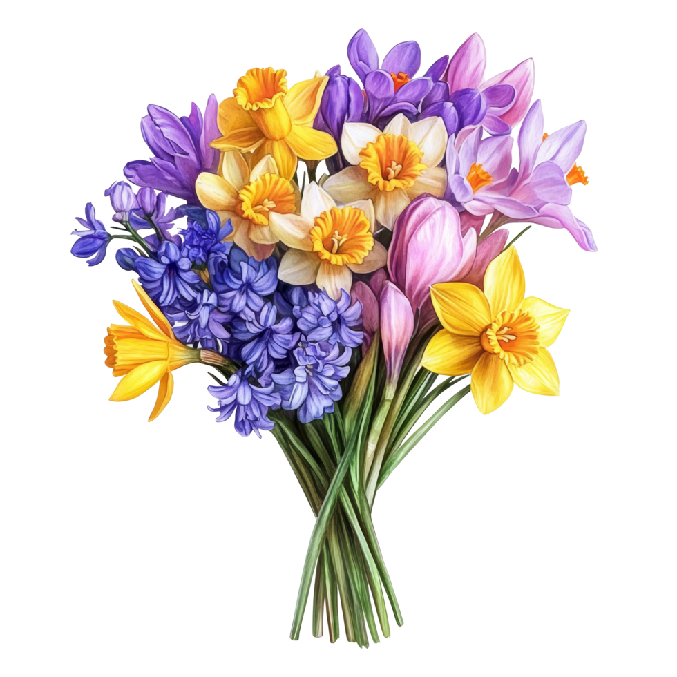 A vibrant bouquet of daffodils, crocuses, and hyacinths showcasing springs beauty against a clean background, Daffodils, Crocuses, and Hyacinths flowers bouquet,isolated transparent background png