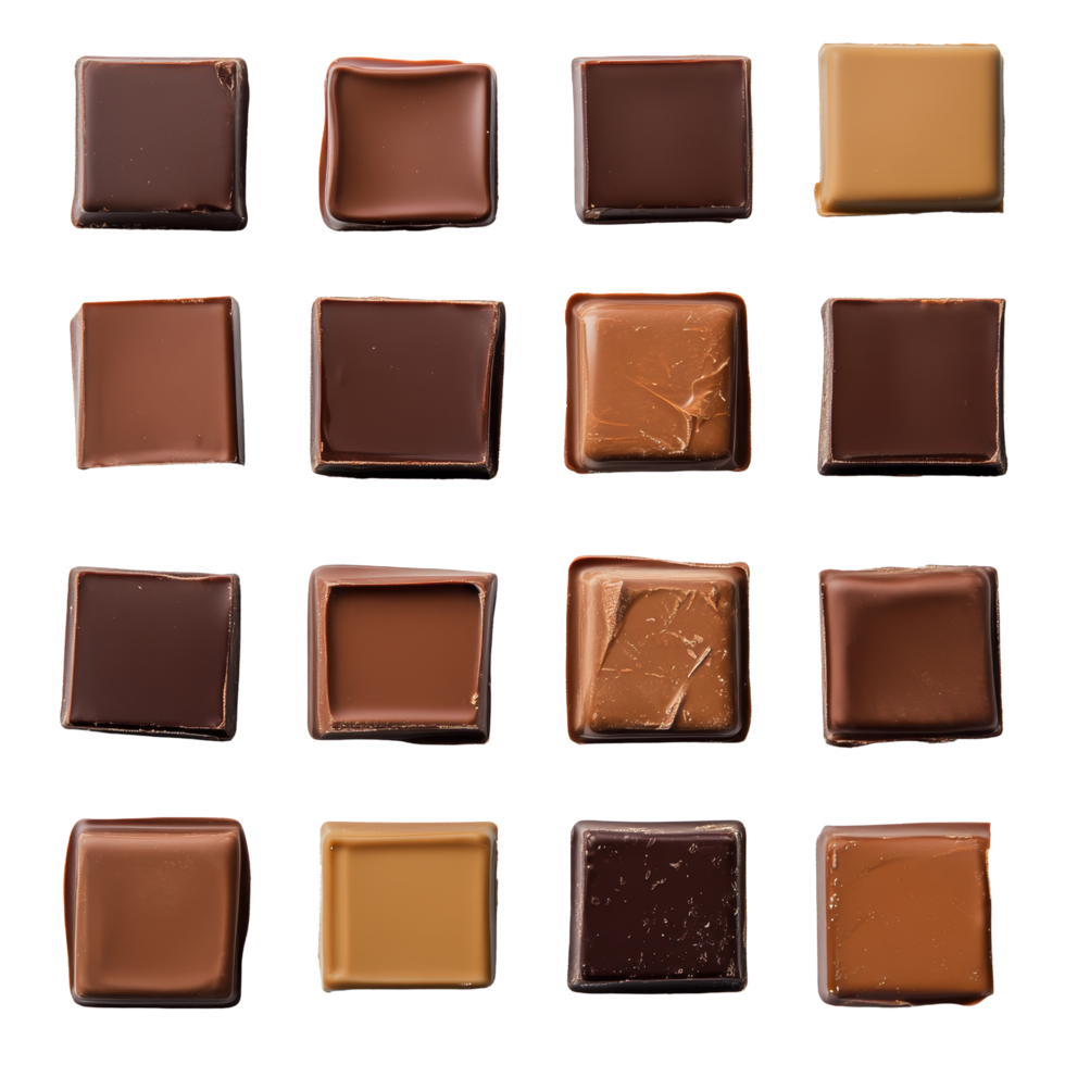 Delicious squares of assorted chocolate arranged on a pristine transparent surface perfect for any dessert lovers delight, squares of chocolate on transparent background png