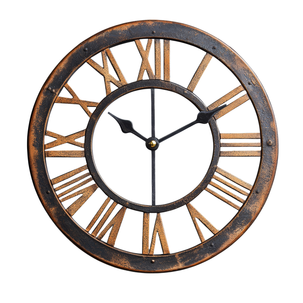Elegant vintage wall clock showcasing intricate Roman numerals and a stylish metal design, perfect for home decor, vintage wall clock, file of isolated object with shadow on transparent background png