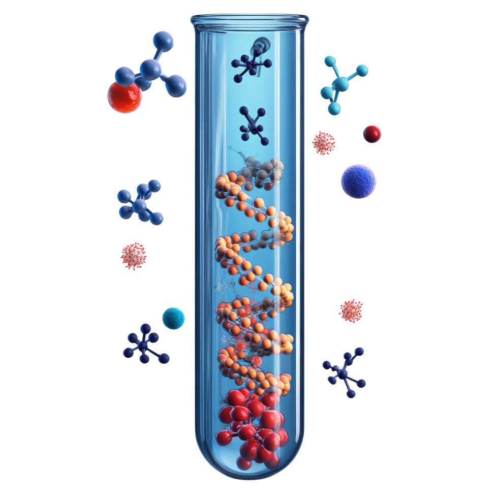 A test tube filled with molecular models illustrating DNA, bacteria, and hemoglobin structures in a laboratory, Test tube with molecule atom, bacteria, DNA, hemoglobin submerged Stock Illustration png