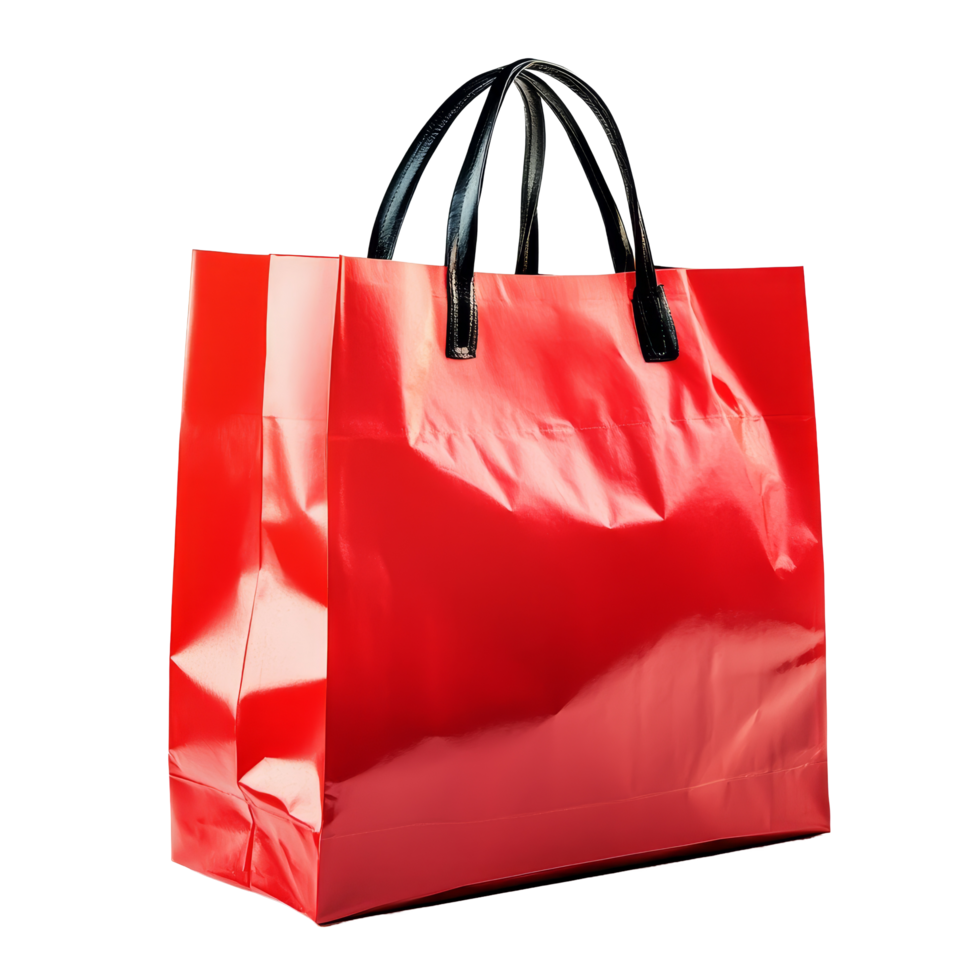 Stylish red shopping bag with black handles against a clean transparent background for retail and gift packaging, Red shopping bag isolated on transparent background png