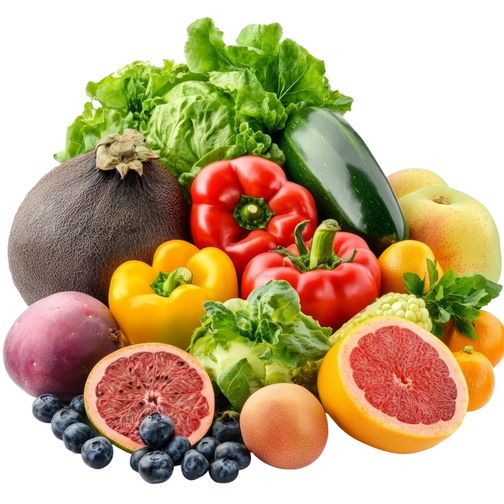 A colorful assortment of fresh fruits and vegetables creatively arranged for a vibrant natural display, Mixed of different fruits and vegetable isolated on transparent background png