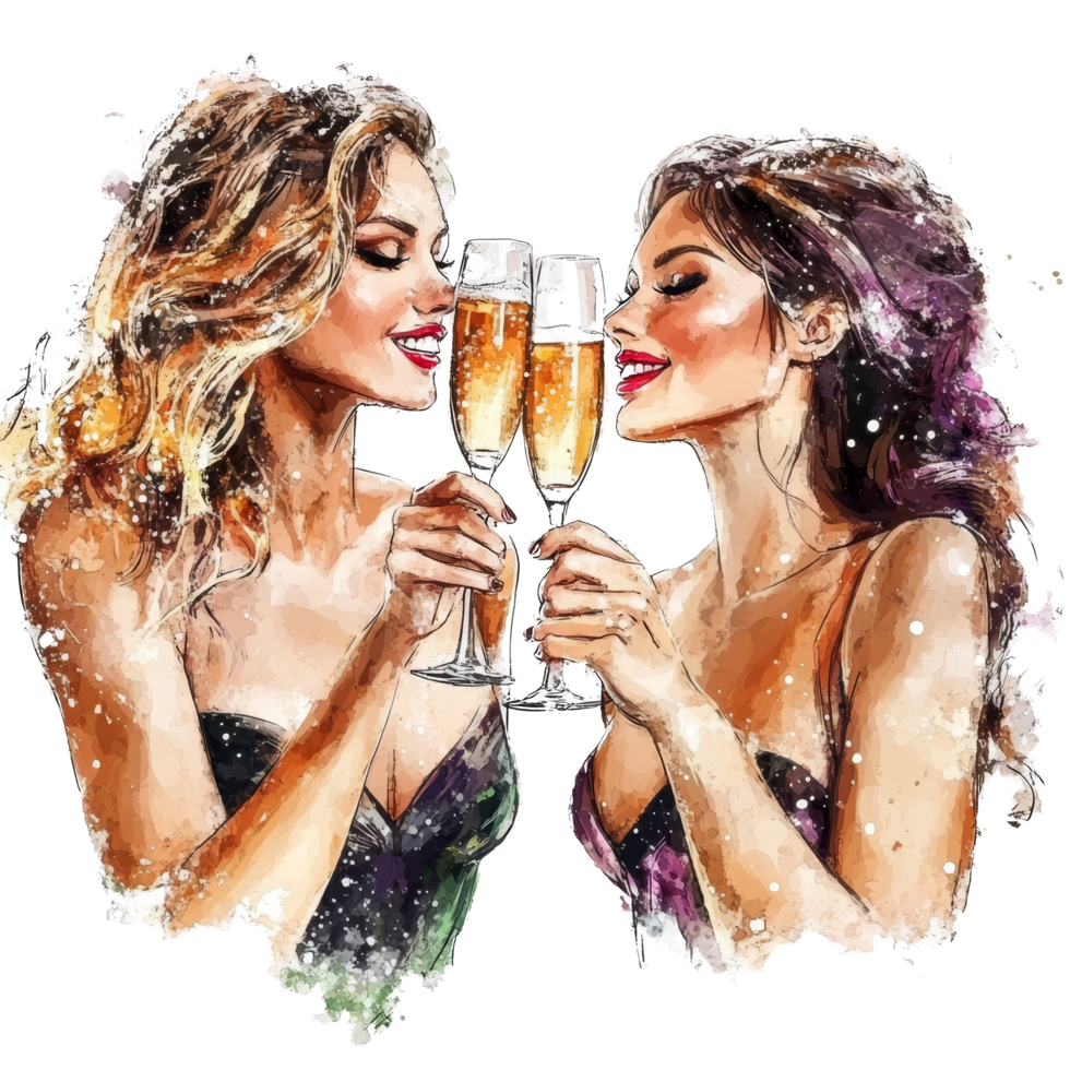 Two women celebrating together while toasting with champagne glasses on a transparent background, Beautiful Women Toasting with Champagne on transparent background png