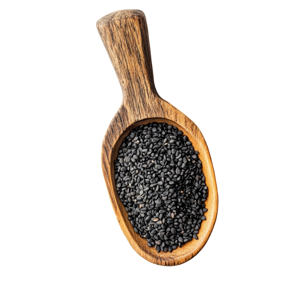 Black organic sesame seeds in a wooden scoop against a clean transparent background, Black organic sesame seeds isolated on transparent background png