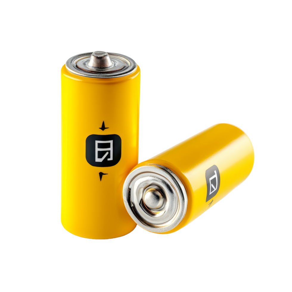 Two alkaline AA batteries with a yellow cylindrical design, ready for use in various devices, AA batteries, yellow cylinder alkaline with plus and minus isolated on transparent background png