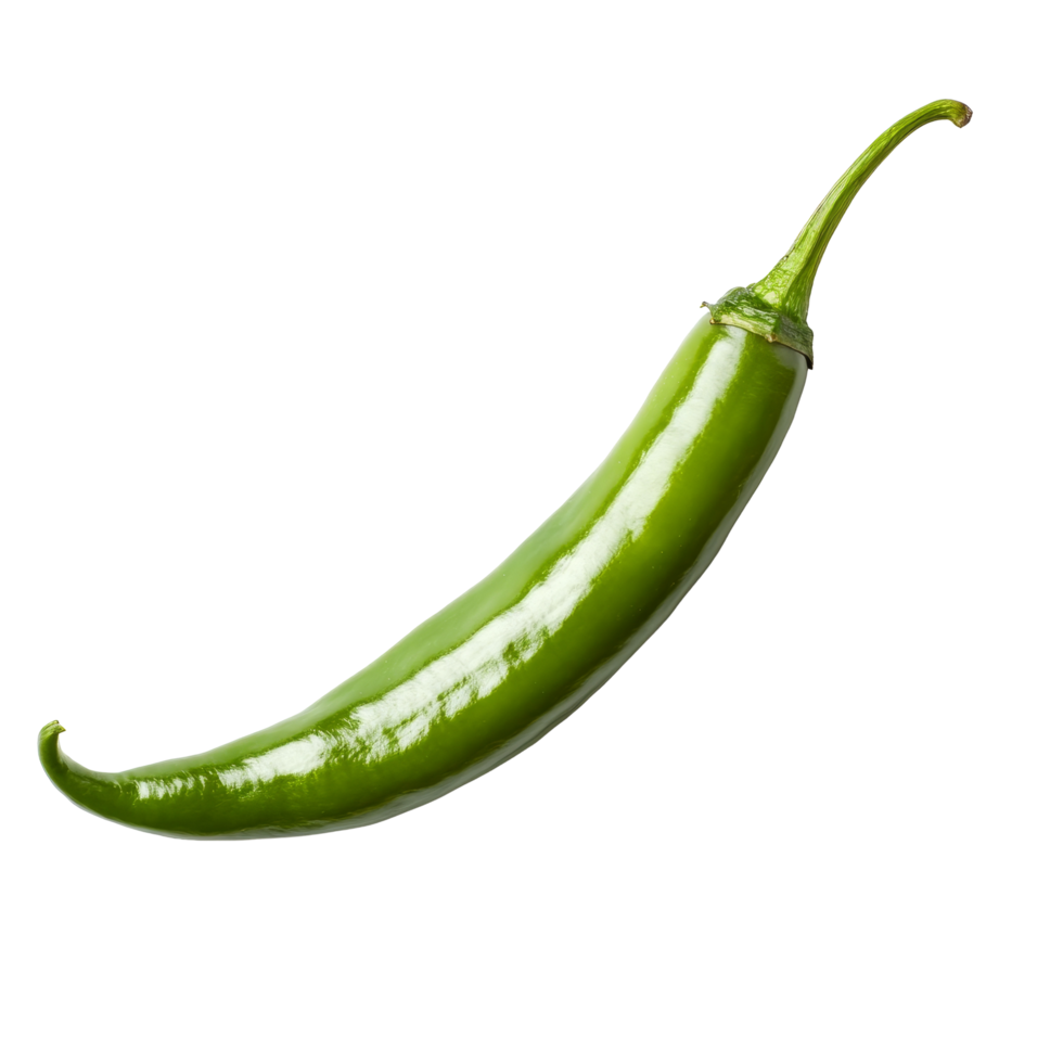 Fresh green chili pepper on a transparent background, showcasing its vibrant color and smooth texture in natural light, Green chili pepper on transparent background png