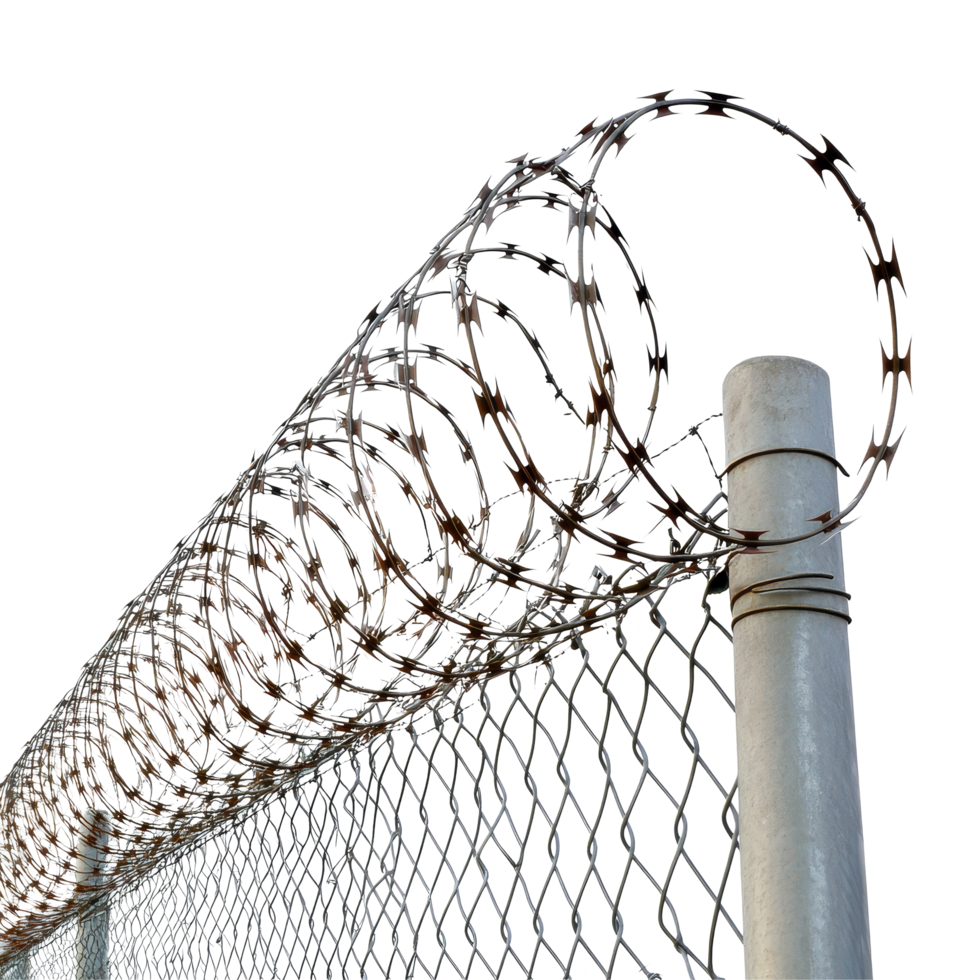 Steel barbed wire fence with coiled wire against a bright transparent background for security and protection, Steel Barbed Wire Fence transparent background png