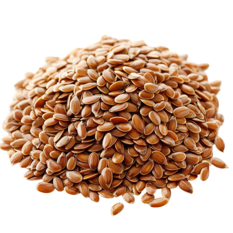 A closeup of a heap of flax seeds on a clean transparent background showcasing their texture and color details, Flax seeds heap on transparent background png