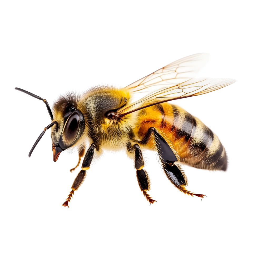 A honey bee walks gracefully on a clean transparent background in a closeup view showcasing its intricate features, honey bee walking isolated on transparent backgroundcutout png